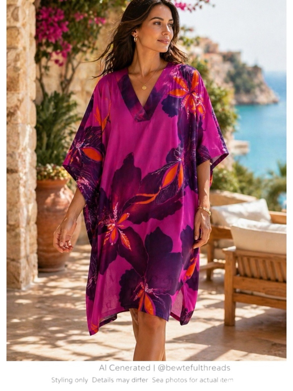 Resort Kaftan Dress Purple Orchid Print Flowy Lounge Tunic Chic